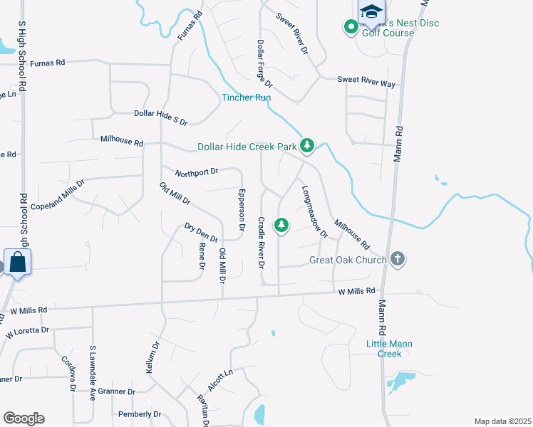 map of restaurants, bars, coffee shops, grocery stores, and more near 6205 Cradle River Drive in Indianapolis