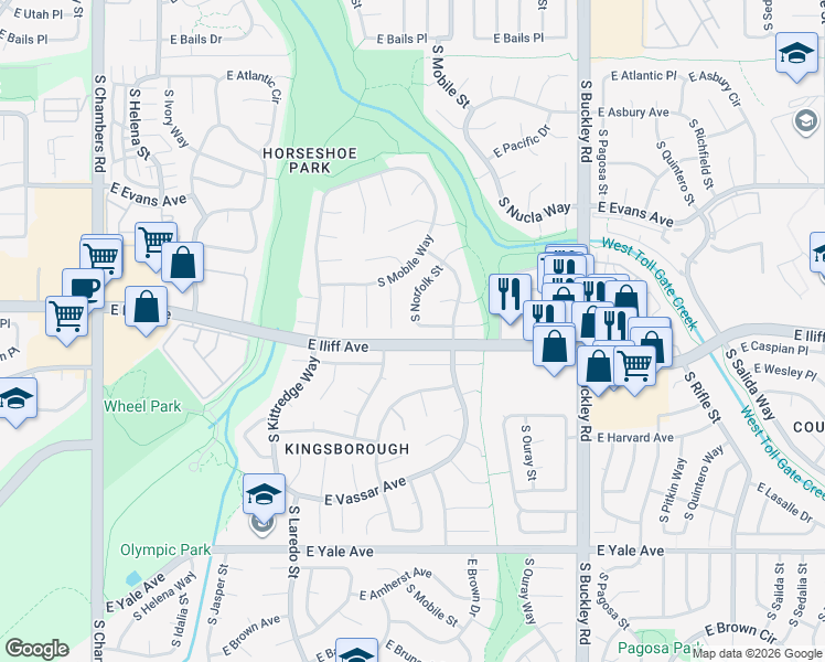 map of restaurants, bars, coffee shops, grocery stores, and more near 16517 East Wesley Avenue in Aurora