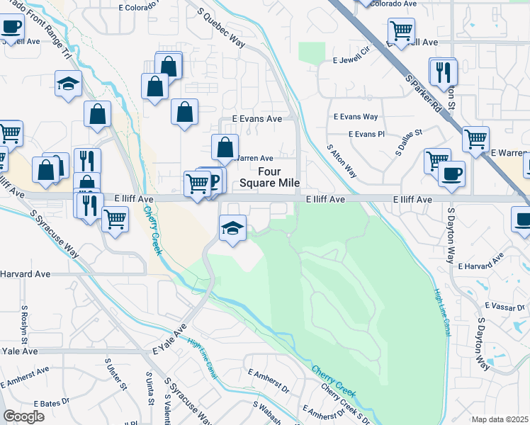 map of restaurants, bars, coffee shops, grocery stores, and more near 8748 East Wesley Drive in Denver