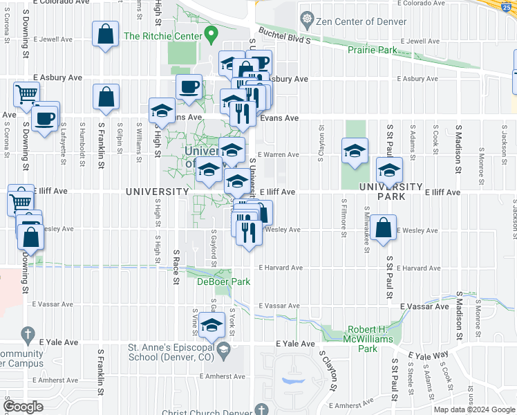 map of restaurants, bars, coffee shops, grocery stores, and more near 2356 South University Boulevard in Denver