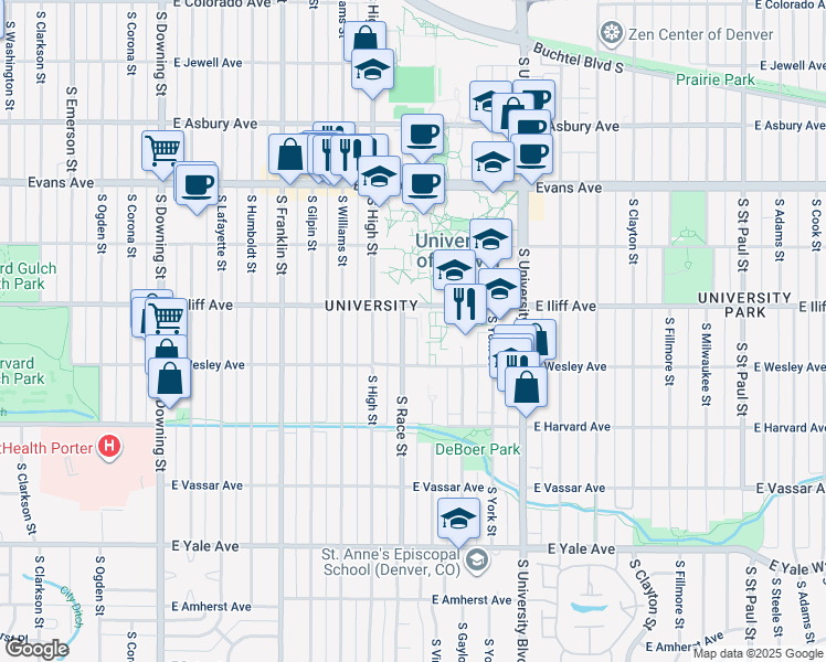 map of restaurants, bars, coffee shops, grocery stores, and more near 2375 South Race Street in Denver