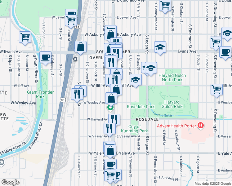 map of restaurants, bars, coffee shops, grocery stores, and more near 2375 South Lincoln Street in Denver