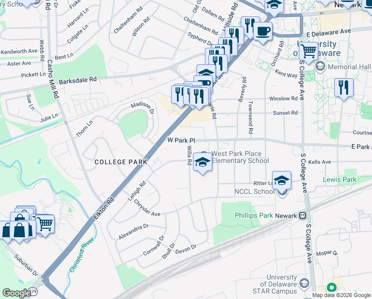 map of restaurants, bars, coffee shops, grocery stores, and more near 600 Lehigh Road in Newark