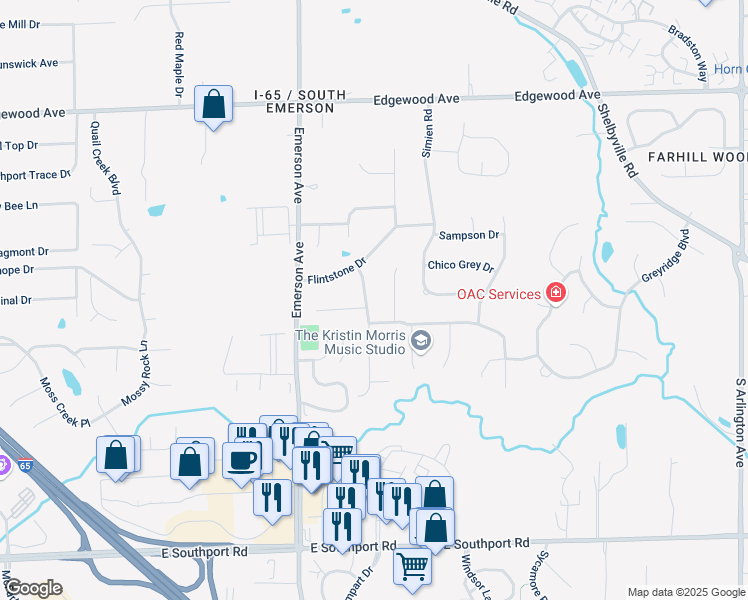 map of restaurants, bars, coffee shops, grocery stores, and more near 5206 Lava Lane in Indianapolis