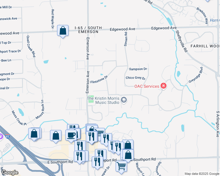 map of restaurants, bars, coffee shops, grocery stores, and more near 5206 Lava Lane in Indianapolis