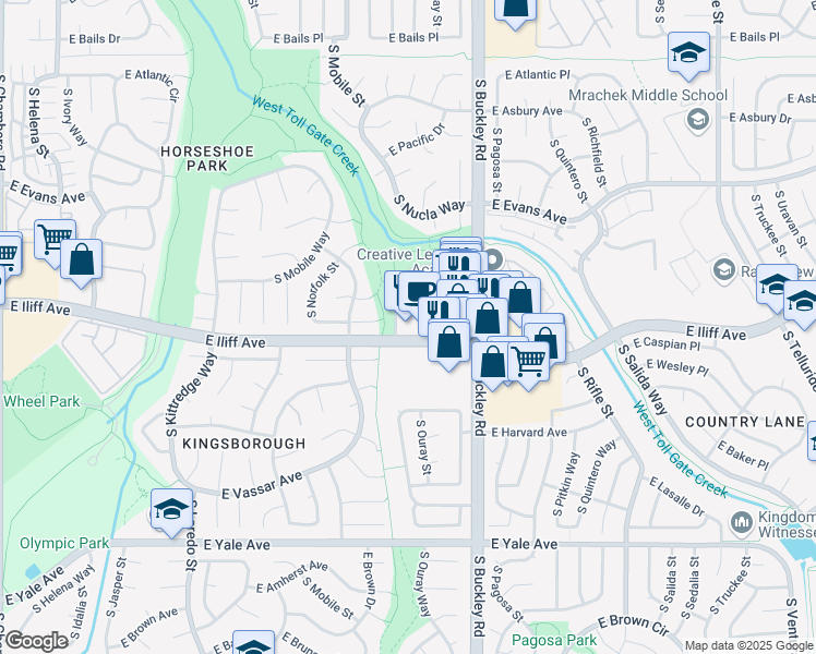map of restaurants, bars, coffee shops, grocery stores, and more near 16708 East Iliff Avenue in Aurora