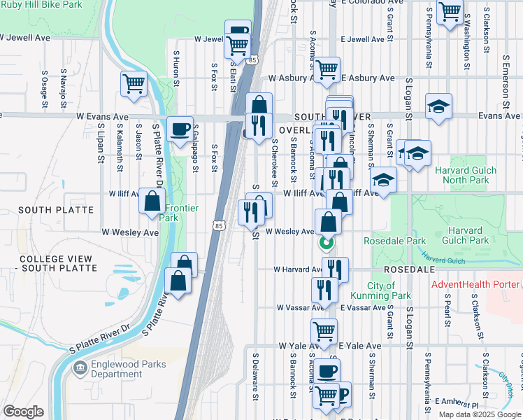 map of restaurants, bars, coffee shops, grocery stores, and more near 2375 South Delaware Street in Denver