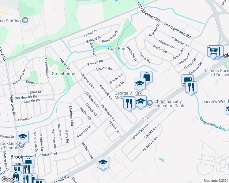 map of restaurants, bars, coffee shops, grocery stores, and more near 140 Brennen Drive in Newark