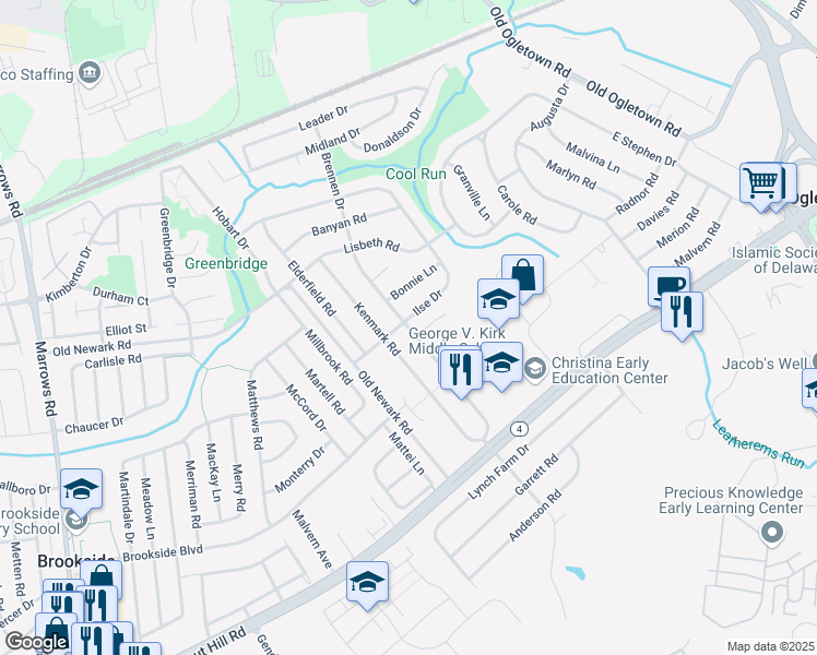 map of restaurants, bars, coffee shops, grocery stores, and more near 142 Brennen Drive in Newark