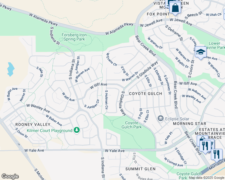 map of restaurants, bars, coffee shops, grocery stores, and more near 2316 South Holman Circle in Lakewood