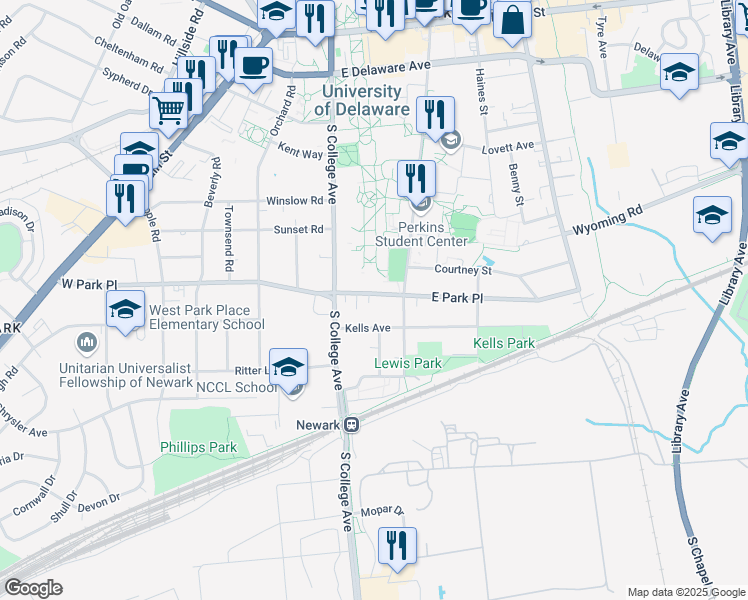 map of restaurants, bars, coffee shops, grocery stores, and more near 37 East Park Place in Newark