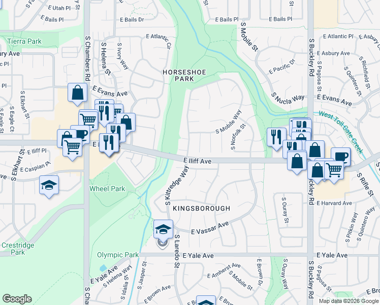 map of restaurants, bars, coffee shops, grocery stores, and more near 16101 East Wesley Avenue in Aurora