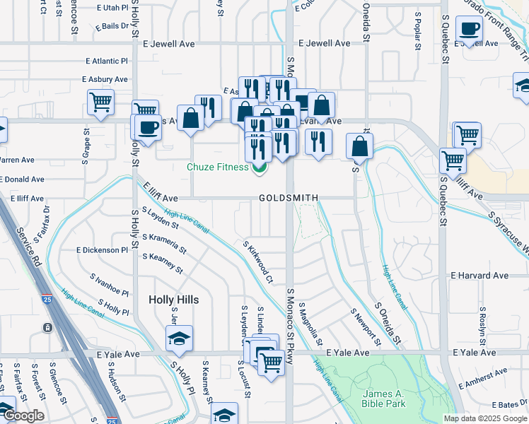map of restaurants, bars, coffee shops, grocery stores, and more near 2377 South Locust Street in Denver