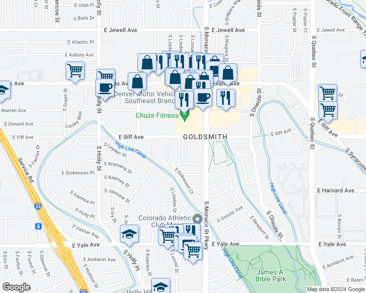 map of restaurants, bars, coffee shops, grocery stores, and more near 2377 South Locust Street in Denver