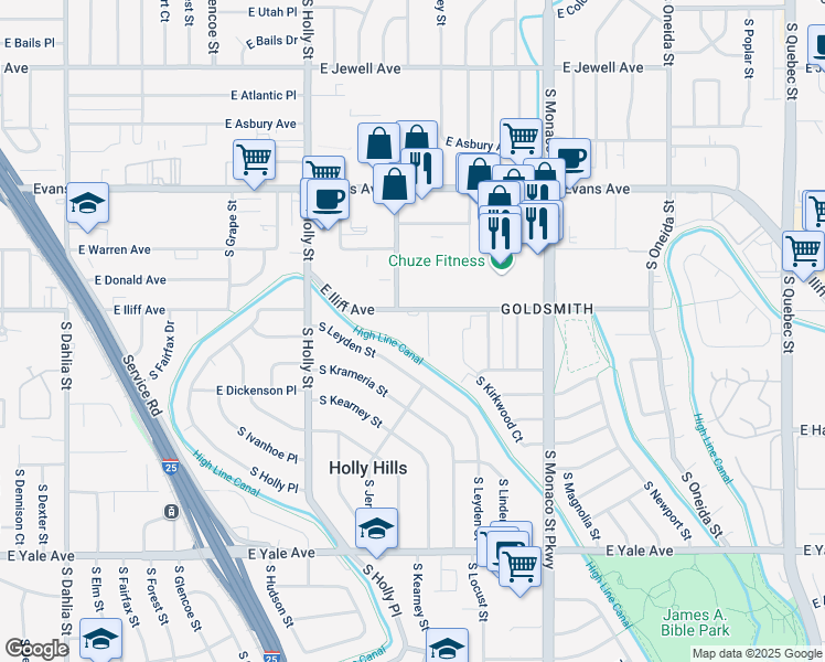 map of restaurants, bars, coffee shops, grocery stores, and more near 2330 South Kearney Street in Denver