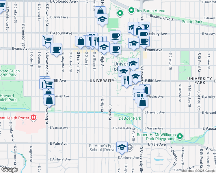map of restaurants, bars, coffee shops, grocery stores, and more near 2375 South Race Street in Denver