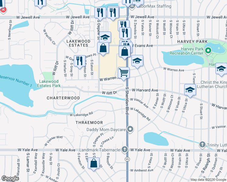 map of restaurants, bars, coffee shops, grocery stores, and more near 5524 West Iliff Drive in Lakewood