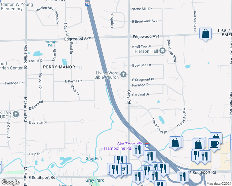 map of restaurants, bars, coffee shops, grocery stores, and more near 6412 Perry Pines Court in Indianapolis