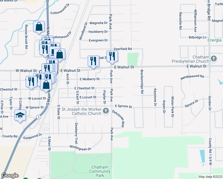 map of restaurants, bars, coffee shops, grocery stores, and more near 114 South Park Avenue in Chatham