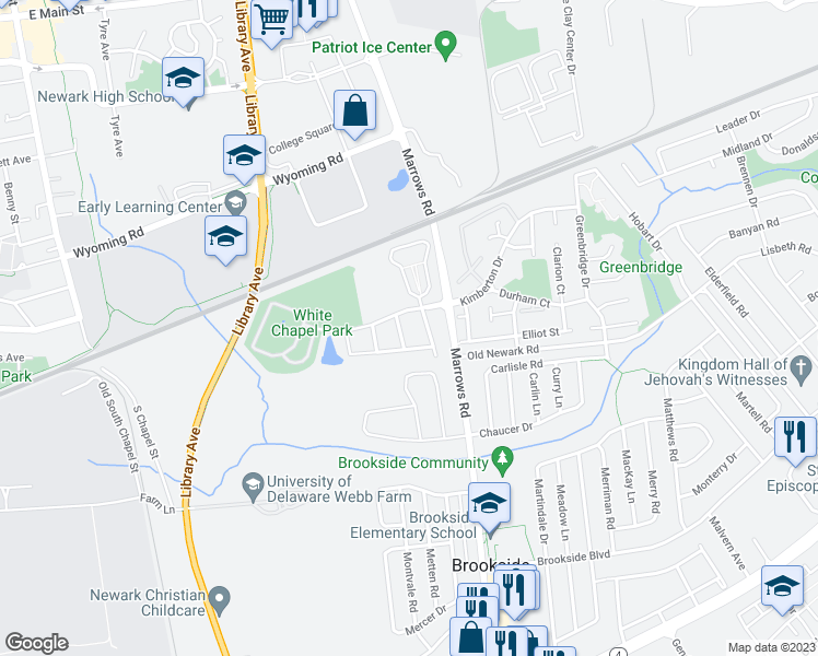 map of restaurants, bars, coffee shops, grocery stores, and more near 16 Farnsworth Road in Newark