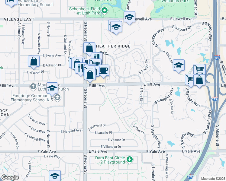 map of restaurants, bars, coffee shops, grocery stores, and more near 2369 South Racine Way in Aurora