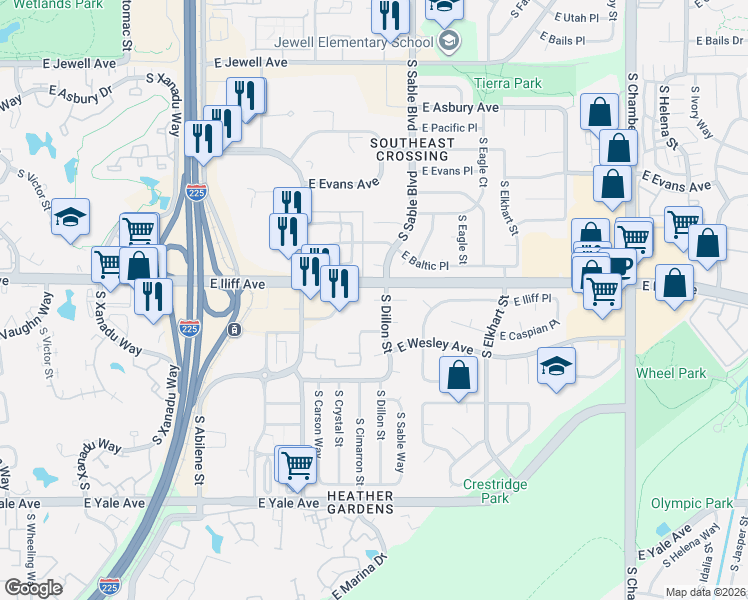 map of restaurants, bars, coffee shops, grocery stores, and more near 12881 East Caspian Place in Aurora
