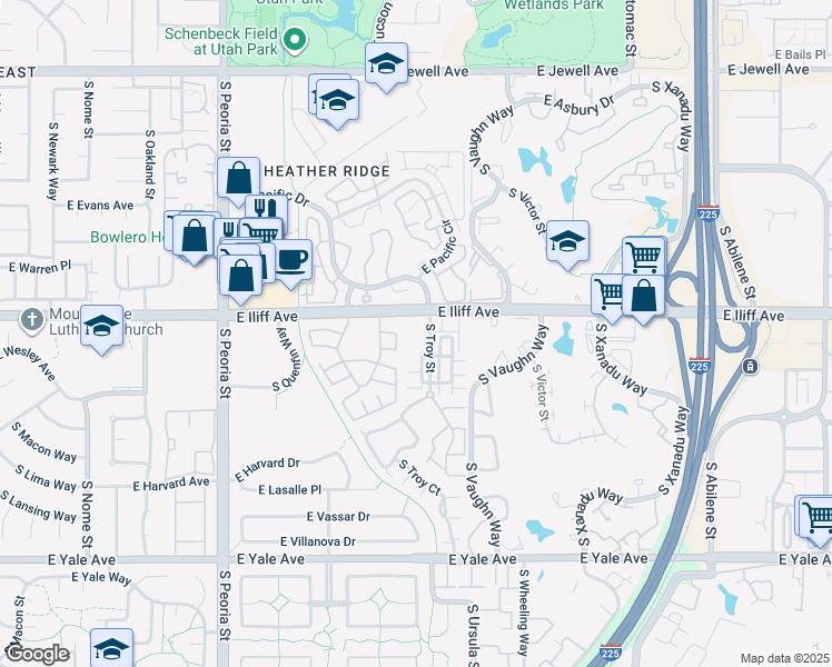 map of restaurants, bars, coffee shops, grocery stores, and more near 2323 South Troy Street in Aurora