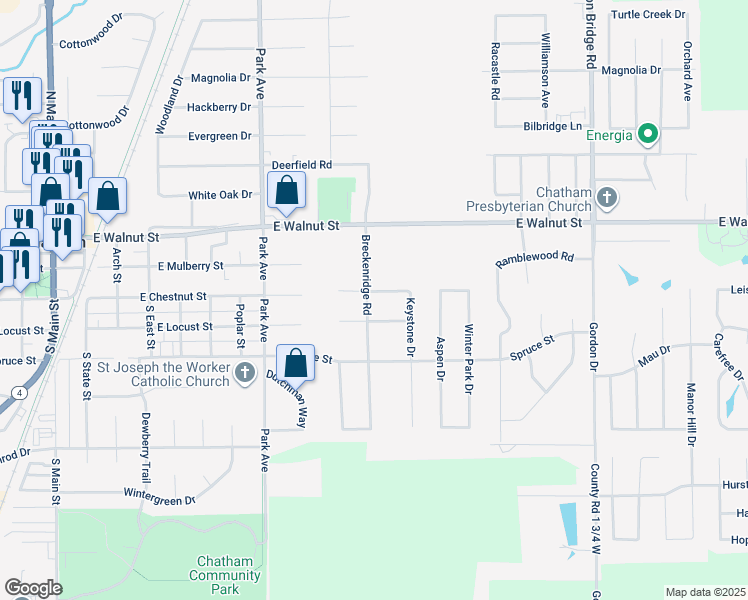 map of restaurants, bars, coffee shops, grocery stores, and more near 301 Breckenridge Road in Chatham