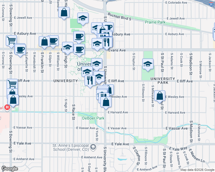 map of restaurants, bars, coffee shops, grocery stores, and more near in Denver