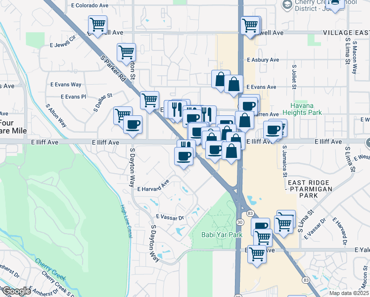 map of restaurants, bars, coffee shops, grocery stores, and more near 2290-2298 South Parker Road in Denver