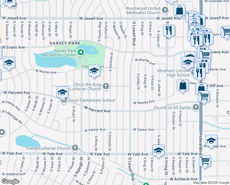 map of restaurants, bars, coffee shops, grocery stores, and more near in Denver