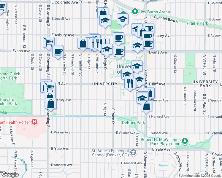 map of restaurants, bars, coffee shops, grocery stores, and more near 1901 East Iliff Avenue in Denver