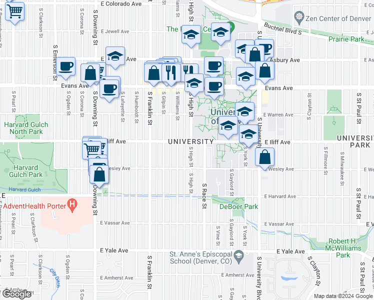 map of restaurants, bars, coffee shops, grocery stores, and more near in Denver