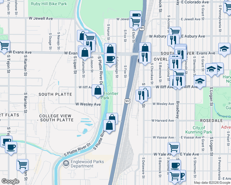 map of restaurants, bars, coffee shops, grocery stores, and more near 625 West Iliff Avenue in Denver