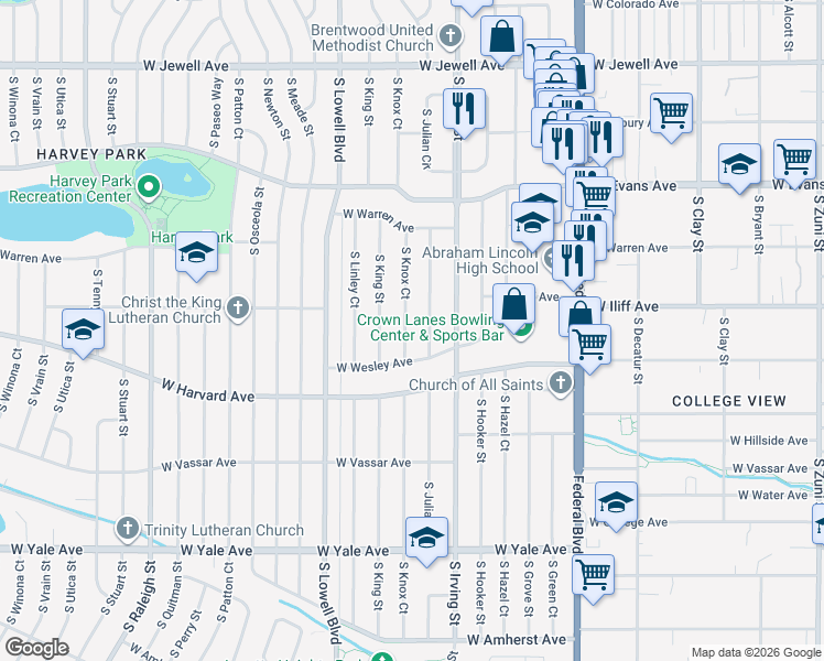 map of restaurants, bars, coffee shops, grocery stores, and more near 2320 South Knox Court in Denver