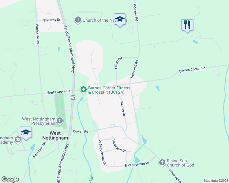 map of restaurants, bars, coffee shops, grocery stores, and more near 133 Sunrise Drive in Rising Sun