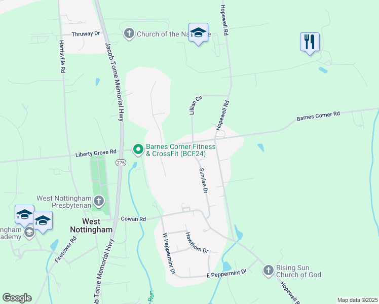 map of restaurants, bars, coffee shops, grocery stores, and more near 133 Sunrise Drive in Rising Sun