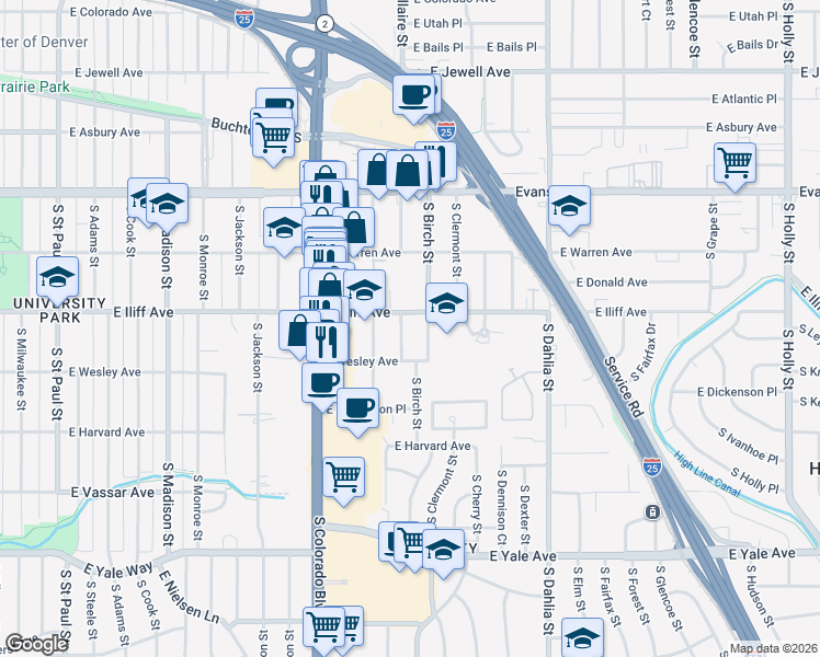 map of restaurants, bars, coffee shops, grocery stores, and more near 4307 East Iliff Avenue in Denver