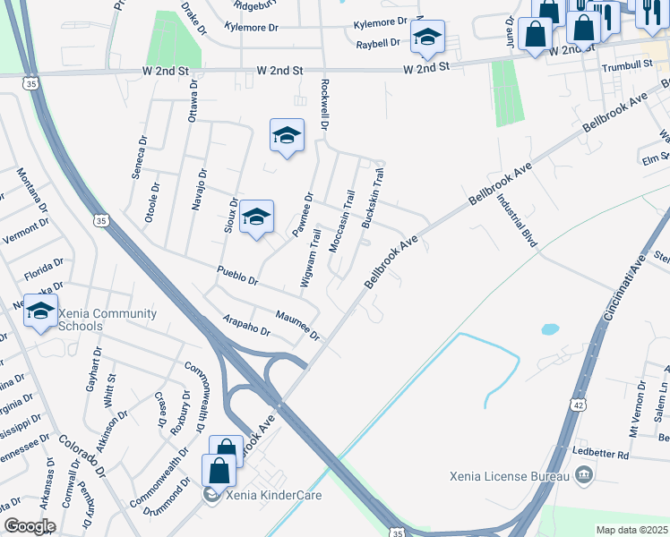 map of restaurants, bars, coffee shops, grocery stores, and more near 1006 Buckskin Trail in Xenia