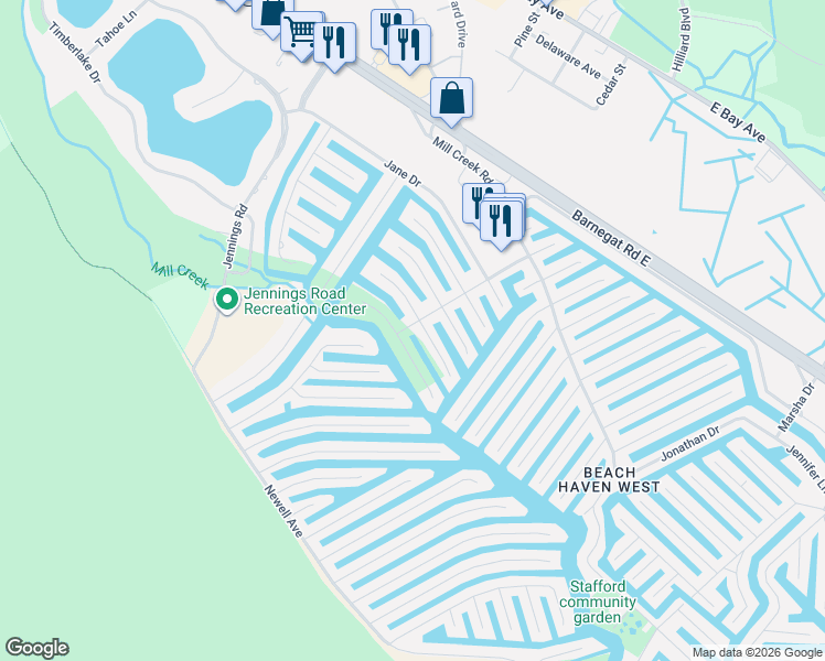 map of restaurants, bars, coffee shops, grocery stores, and more near 115 Charles Boulevard in Stafford Township