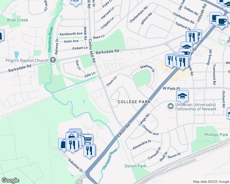 map of restaurants, bars, coffee shops, grocery stores, and more near 231 Thorn Lane in Newark