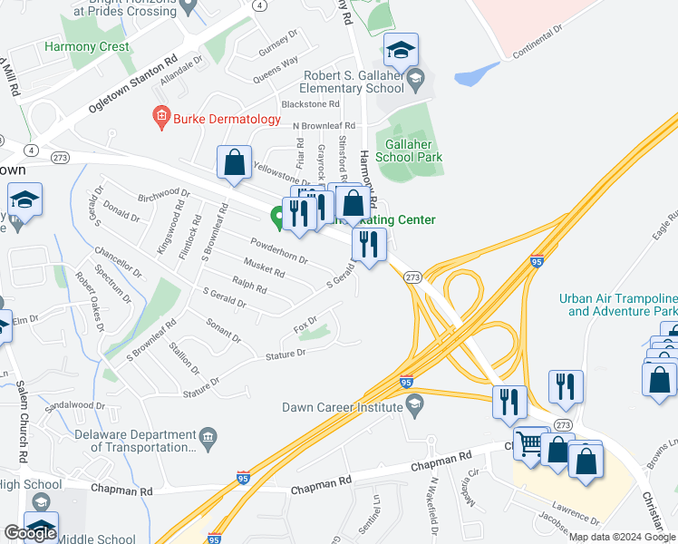 map of restaurants, bars, coffee shops, grocery stores, and more near 1146 Powderhorn Drive in Newark