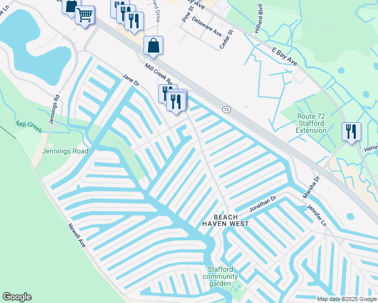 map of restaurants, bars, coffee shops, grocery stores, and more near 16 Florence Lane in Stafford Township