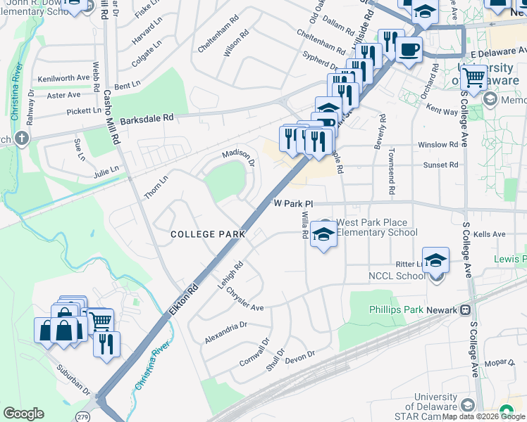 map of restaurants, bars, coffee shops, grocery stores, and more near 600 Lehigh Rd in Newark