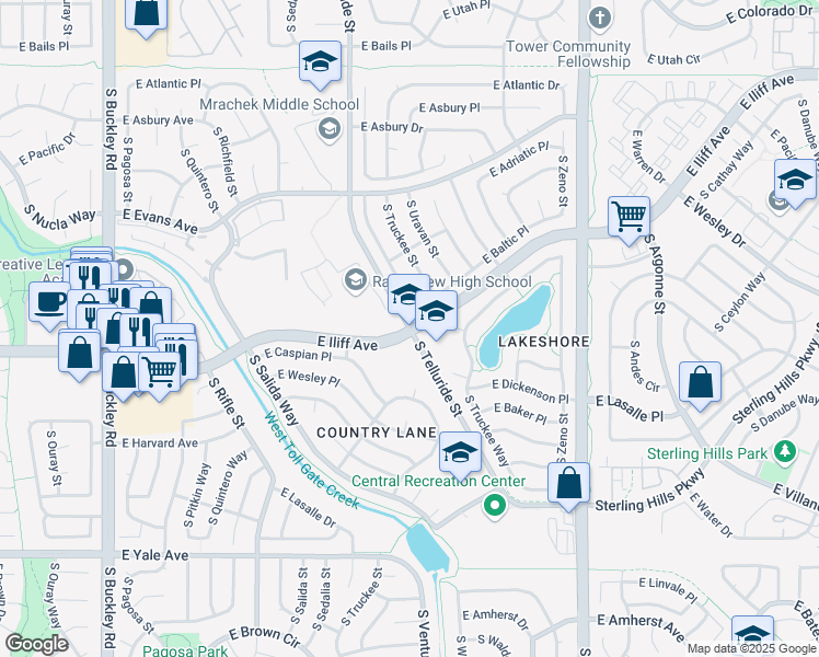 map of restaurants, bars, coffee shops, grocery stores, and more near 17599 East Iliff Avenue in Aurora