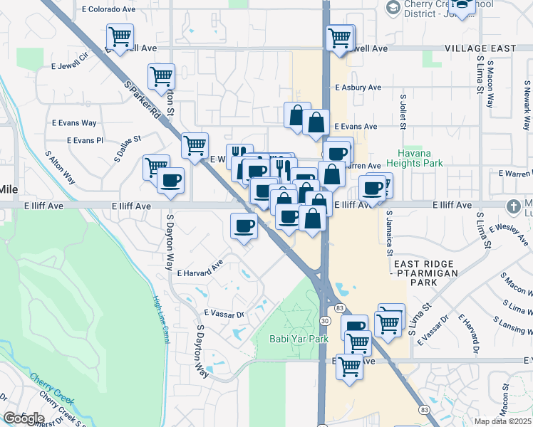 map of restaurants, bars, coffee shops, grocery stores, and more near 10263 East Iliff Avenue in Aurora