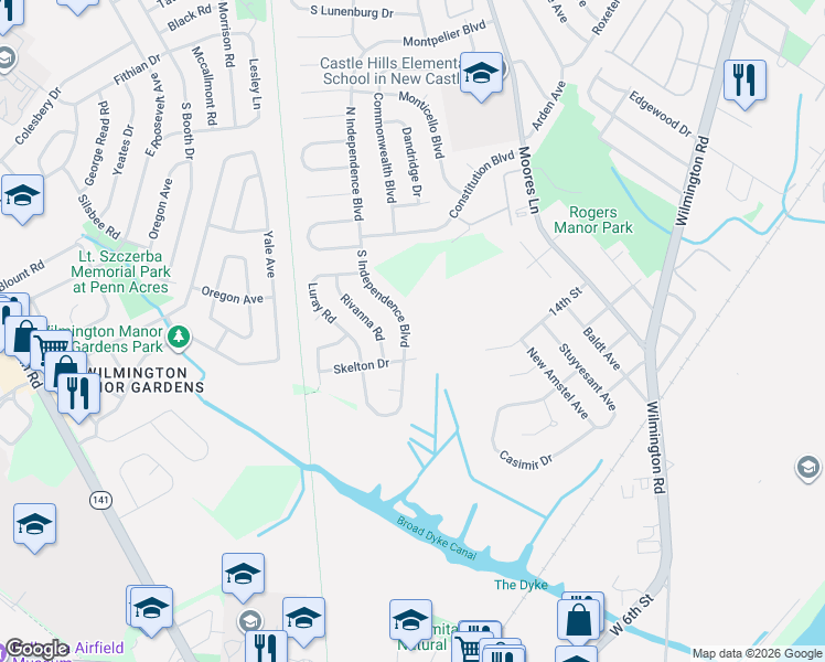 map of restaurants, bars, coffee shops, grocery stores, and more near 32 South Independence Boulevard in New Castle
