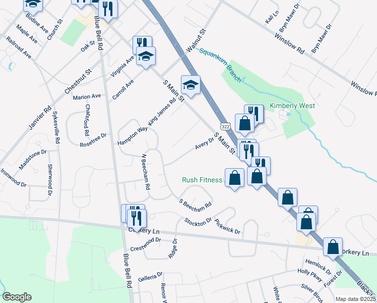map of restaurants, bars, coffee shops, grocery stores, and more near Avery Drive in Monroe Township