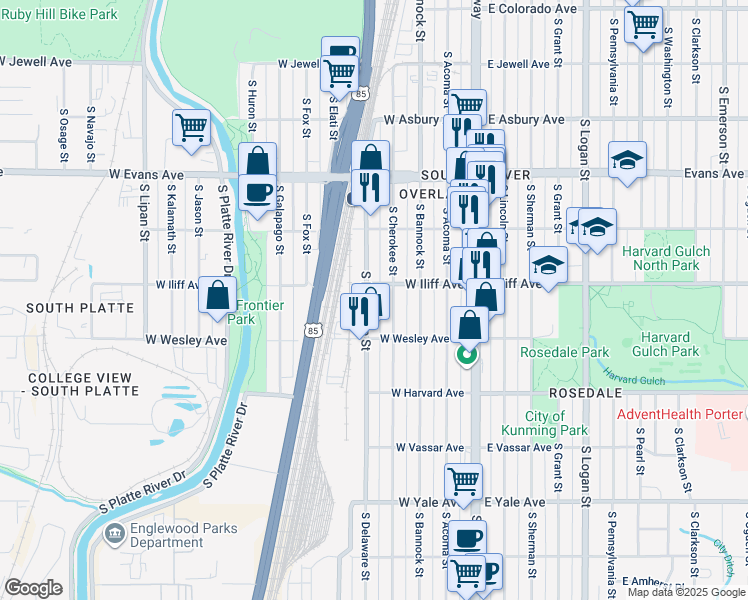 map of restaurants, bars, coffee shops, grocery stores, and more near 2293 South Delaware Street in Denver