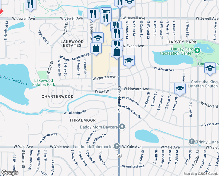 map of restaurants, bars, coffee shops, grocery stores, and more near 5317 West Iliff Drive in Lakewood